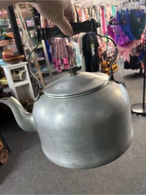 Vintage aluminum Teakettle in Silver with Wooden Handle